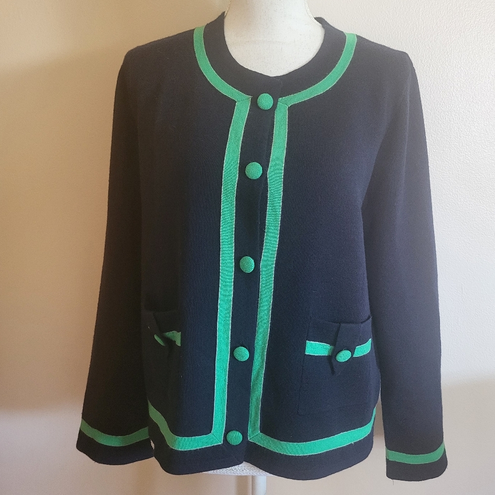 J. Crew Navy Cardigan with Bright Green Trim - Picture 2 of 10